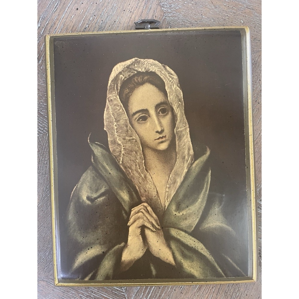 Vtg Virgin Mary Mater Dolorosa Mourning Madonna Wood‎ Plaque 7x9"